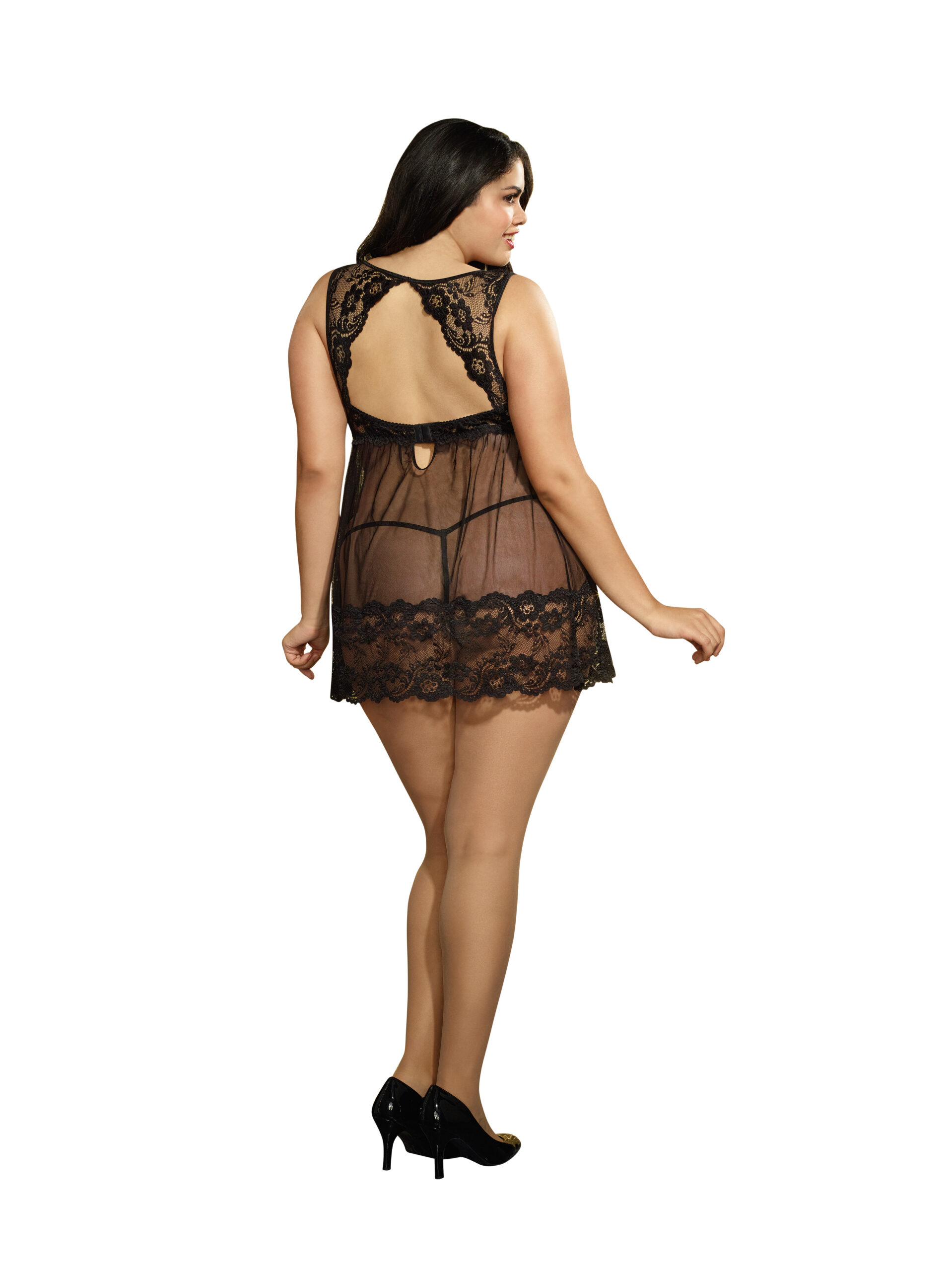 DISC Dreamgirl Black Plus Size Lace and Mesh High-Neck Babydoll with Matching G-String 10463X - Image 2