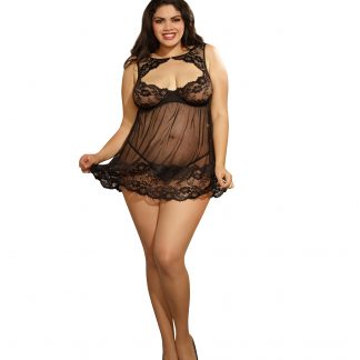 DISC Dreamgirl Black Plus Size Lace and Mesh High-Neck Babydoll with Matching G-String 10463X