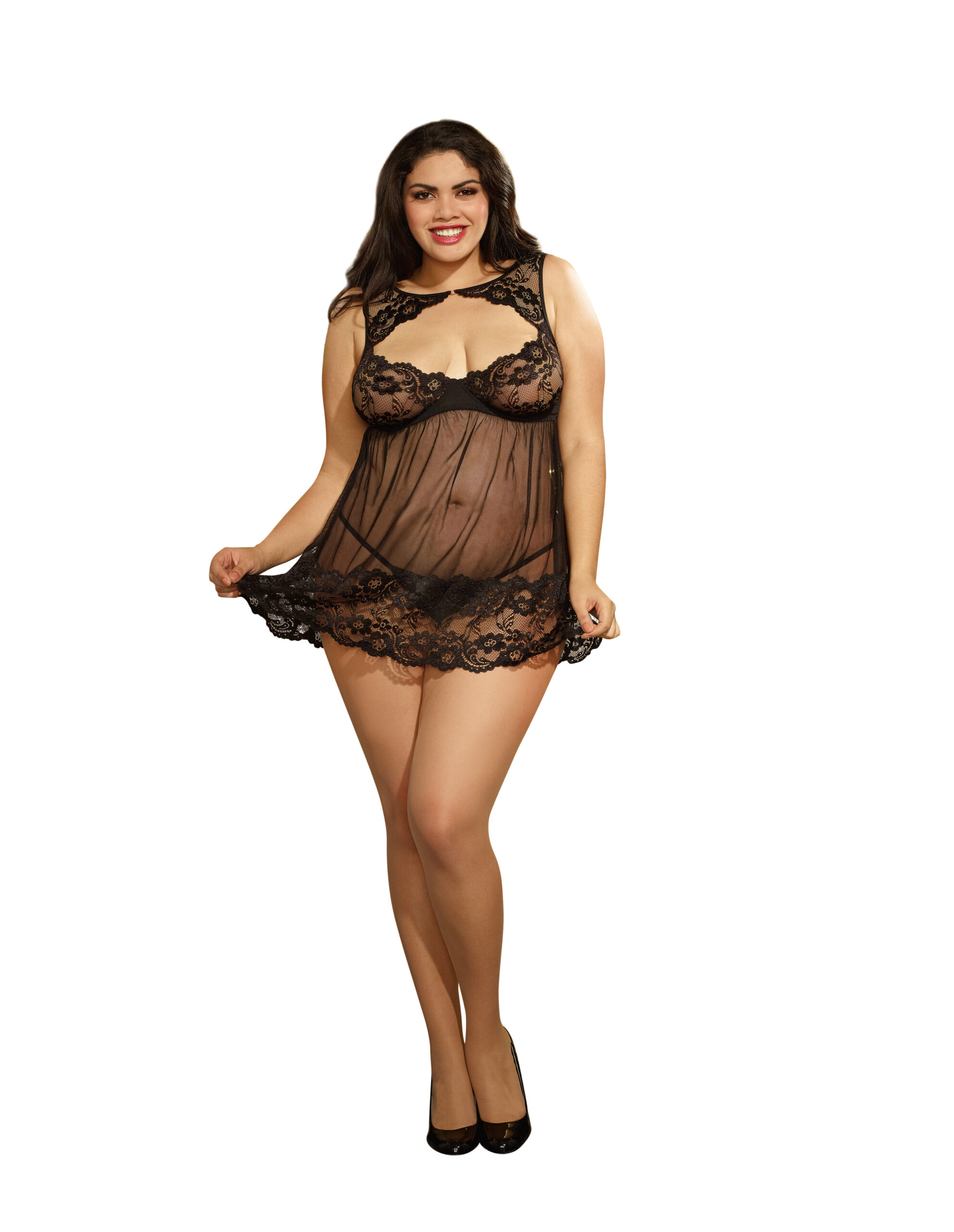 DISC Dreamgirl Black Plus Size Lace and Mesh High-Neck Babydoll with Matching G-String 10463X