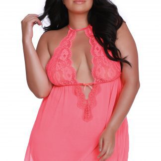 SO Dreamgirl Coral Plus Size Stretch Mesh and Lace High Neck Babydoll 11602X
