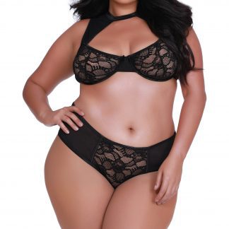 SO Dreamgirl Black Plus Size Stretch Lace and Mesh High Neck Bralette Panty 11717X