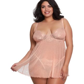 AIS Dreamgirl Rose Gold Plus Size 2 Piece Metallic Mesh Babydoll and Thong Set 11740X