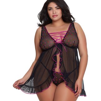 AIS Dreamgirl Black Plus Size 2 Piece Stretch Mesh Babydoll and Matching G-String Set Featuring Pink Heart Embroidery 11754X