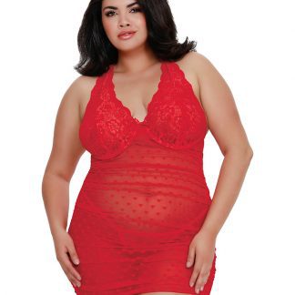 SO Dreamgirl Red Plus Size 2 Piece Stretch Ruched Chemise and G-String Set 11760X