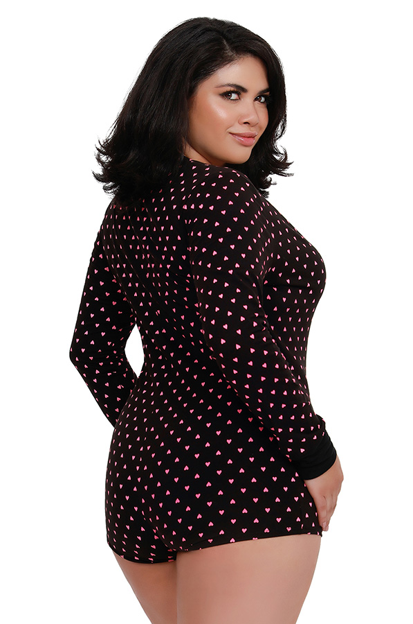 SO Dreamgirl Black Plus Size Heart Print Henley Style Short Romper Pajama 11762X - Image 2