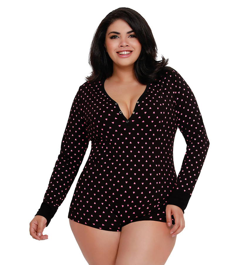 SO Dreamgirl Black Plus Size Heart Print Henley Style Short Romper Pajama 11762X