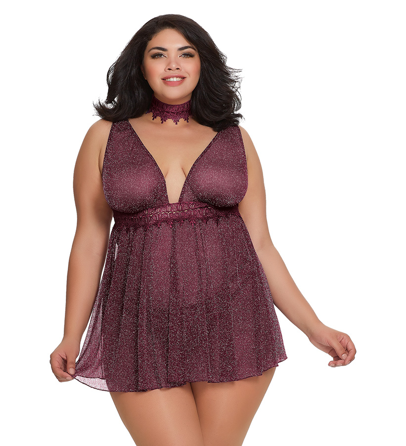 AIS Dreamgirl One Size Queen Grape Plus 3 Piece Sparkly Metallic Mesh Babydoll Set 11774X