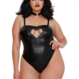AIS Dreamgirl One Size Queen Black Plus 2 Piece Stretch Faux Leather Teddy Set 11782X