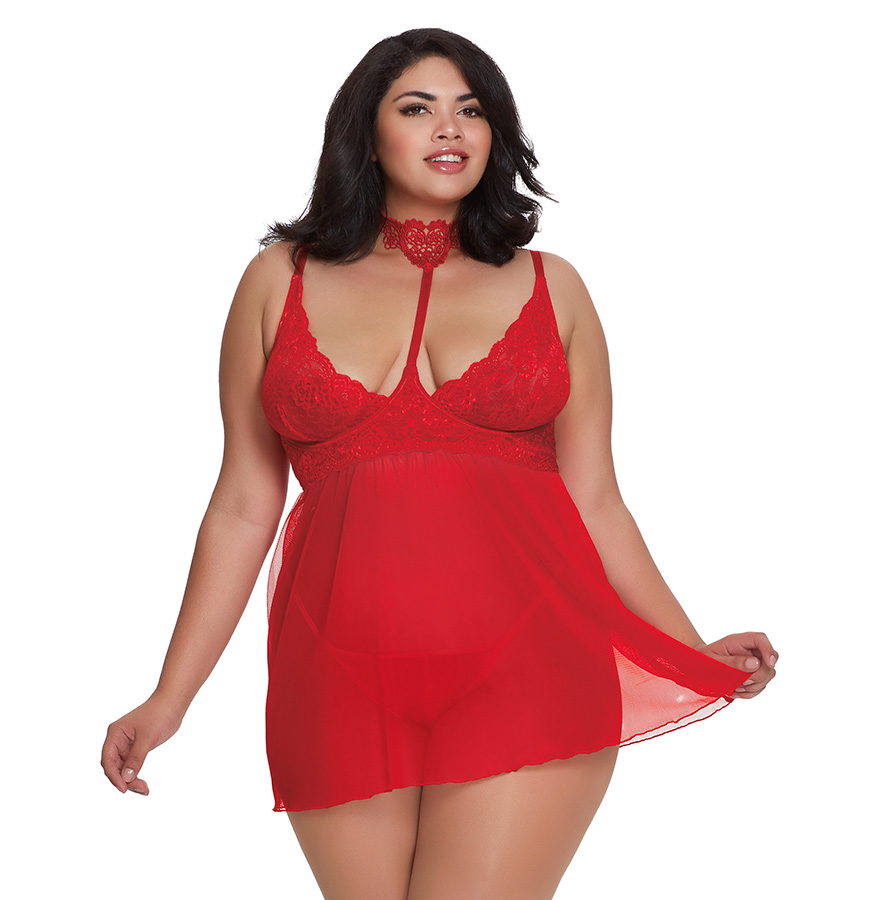 SO Dreamgirl One Size Queen Red Plus 2 Piece Stretch Lace and Mesh Babydoll Set 11786X