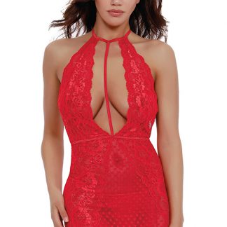 AIS Dreamgirl One Size Red 2 Piece Stretch Scalloped Lace and Stretch Heart Mesh Chemise Set 11787