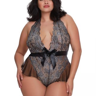 AIS Dreamgirl One Size Queen Black Plus Metallic Print Teddy with Flutter Mesh Hip Detailing 11788X