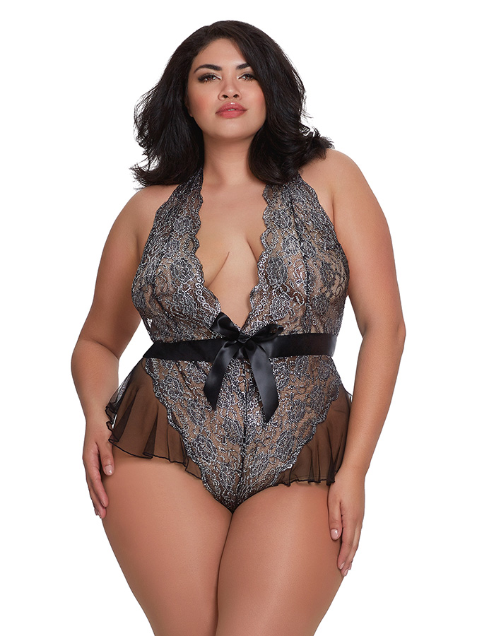 AIS Dreamgirl One Size Queen Black Plus Metallic Print Teddy with Flutter Mesh Hip Detailing 11788X