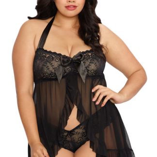 DISC Dreamgirl Black Plus Size Lace Galloon Babydoll and Thong 9678X