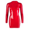 Zip Up Latex Mini Dress With Long Sleeves Red - Image 3